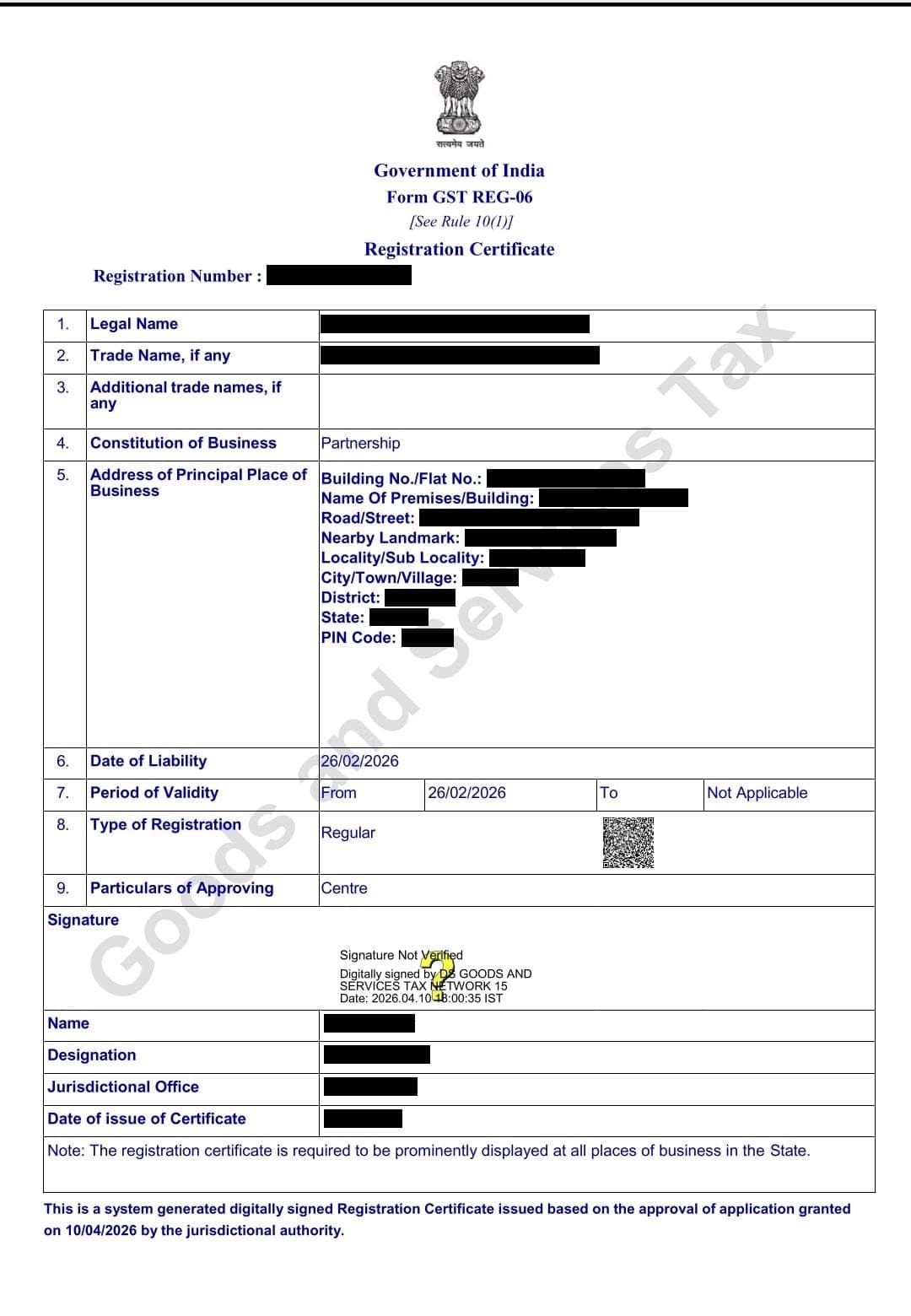 Sample GST Registration Certificate