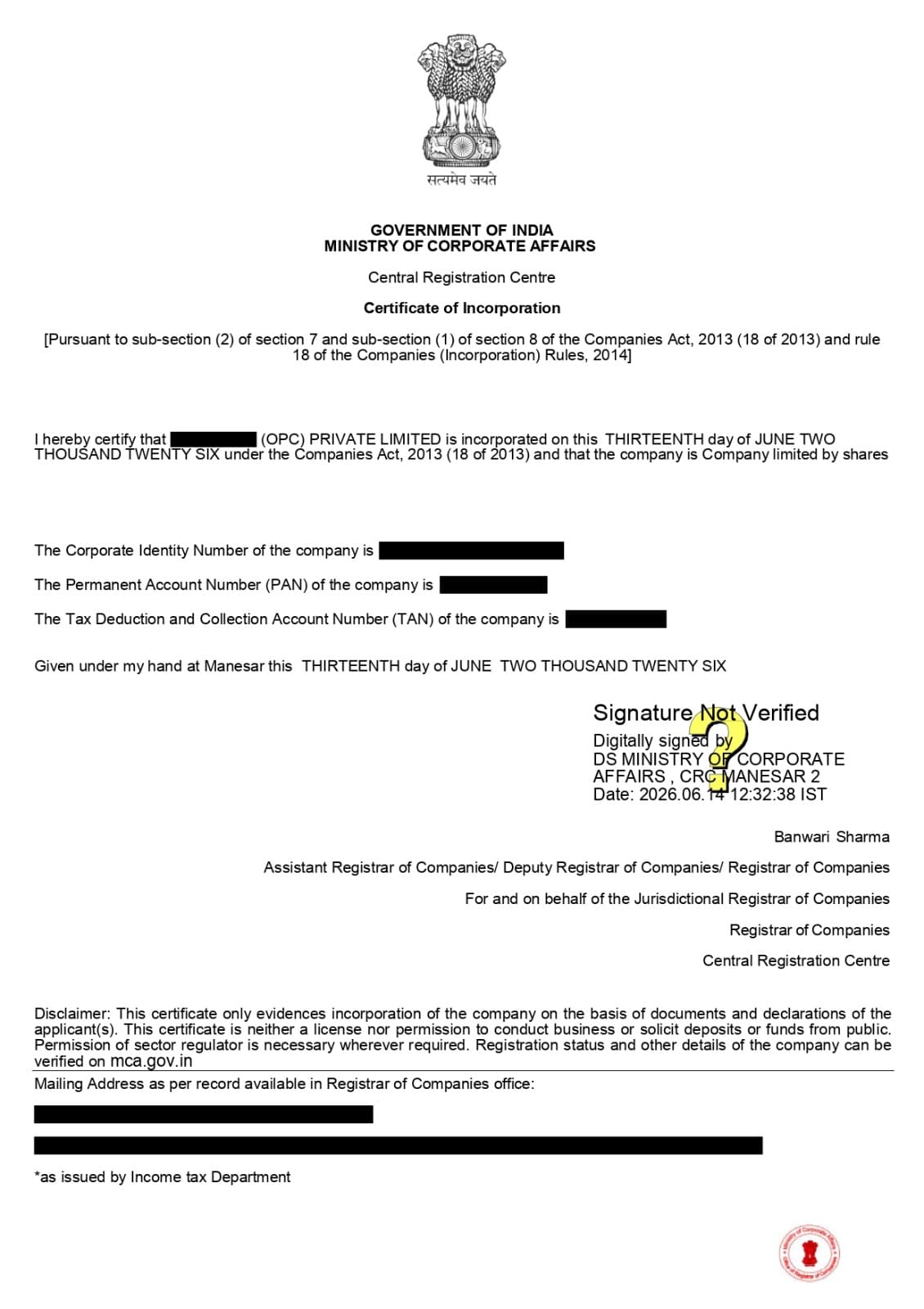 Sample Certificate of Incorporation